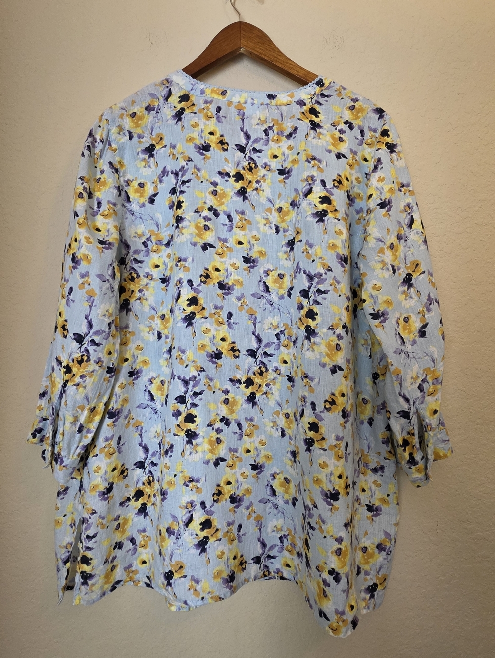 J. Jill Love Linen Tunic Top Light Blue Yellow Floral Button Down Peasant Blouse - Picture 6 of 7
